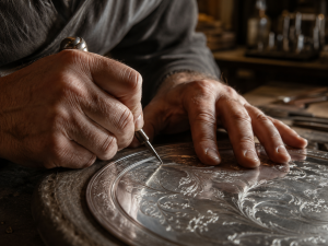 Primo piano delle mani di un artigiano mentre incide a bulino una lastra d’argento, illuminata lateralmente, nel laboratorio Fratelli Graziani.